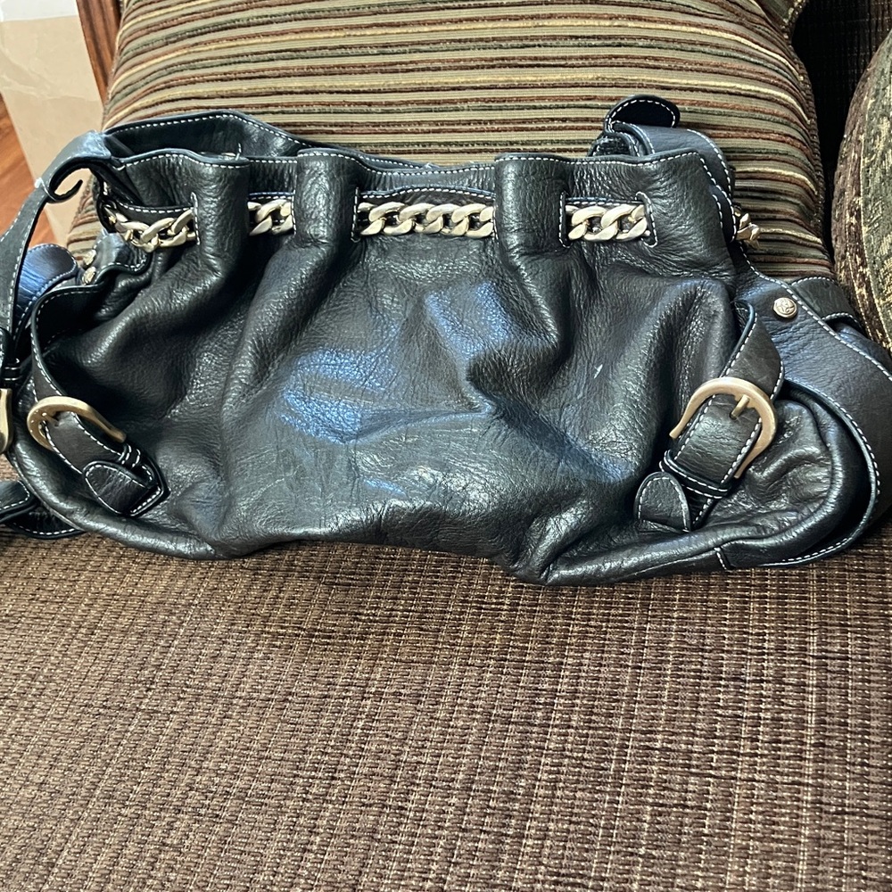 Kate Landry Black Leather Shoulder Bag with Gold Accents